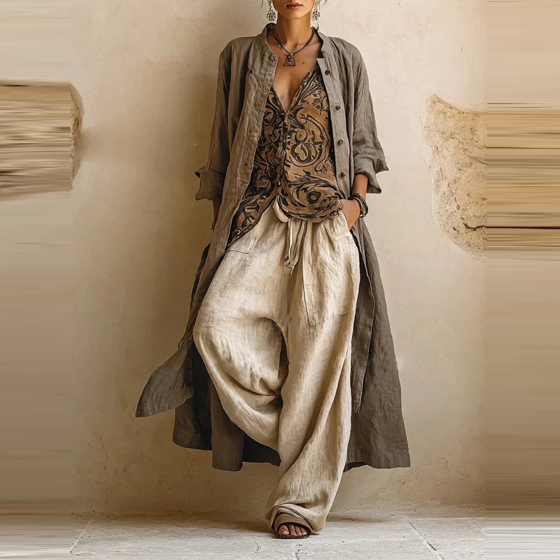 Ensemble 3 pièces pour femme en coton et lin, imprimé tendance, coupe ample, avec haut sans manches sexy à col en V, pantalon long et cardigan