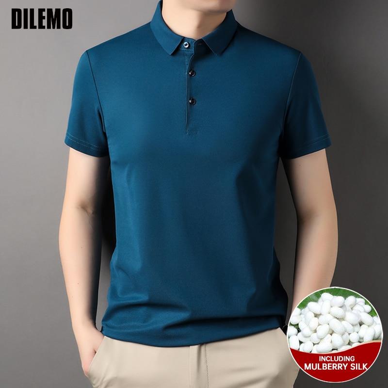 Polo uni en soie mûre pour homme, marque de luxe, haut à manches courtes, décontracté, à la mode, nouvelle collection été 4.7%
