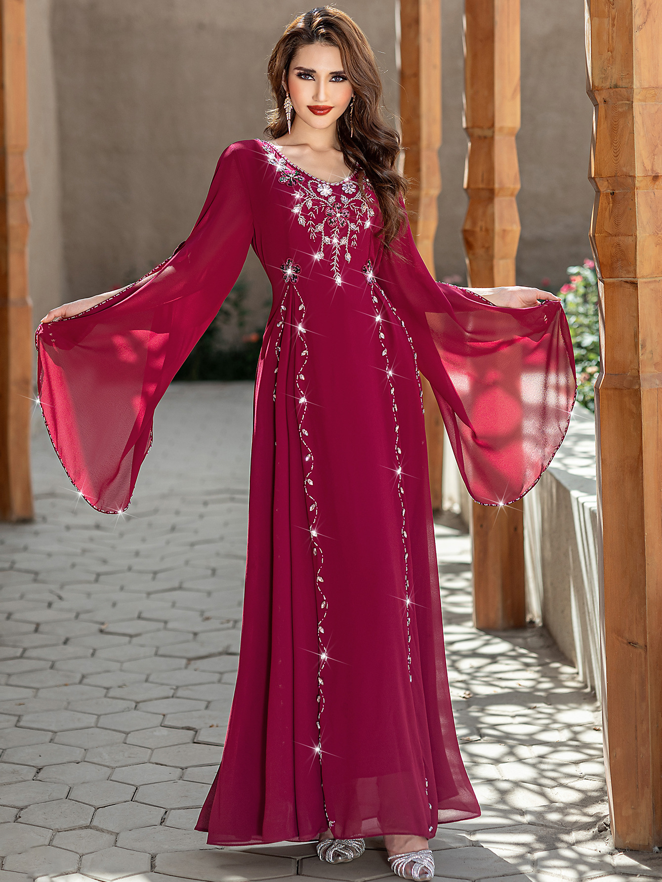 Robe Eid pour femmes diamant col en V en mousseline de soie Abaya robes longues de fête Robe musulmane Jalabiya Ramadan maroc 2025 robes Largos