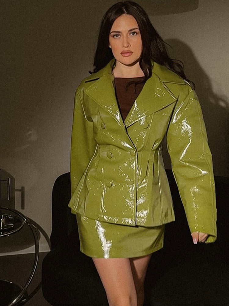 Mode femmes Faux cuir jupes ensemble col rabattu Double boutonnage taille manteau Mini jupe haute rue automne deux pièces ensembles