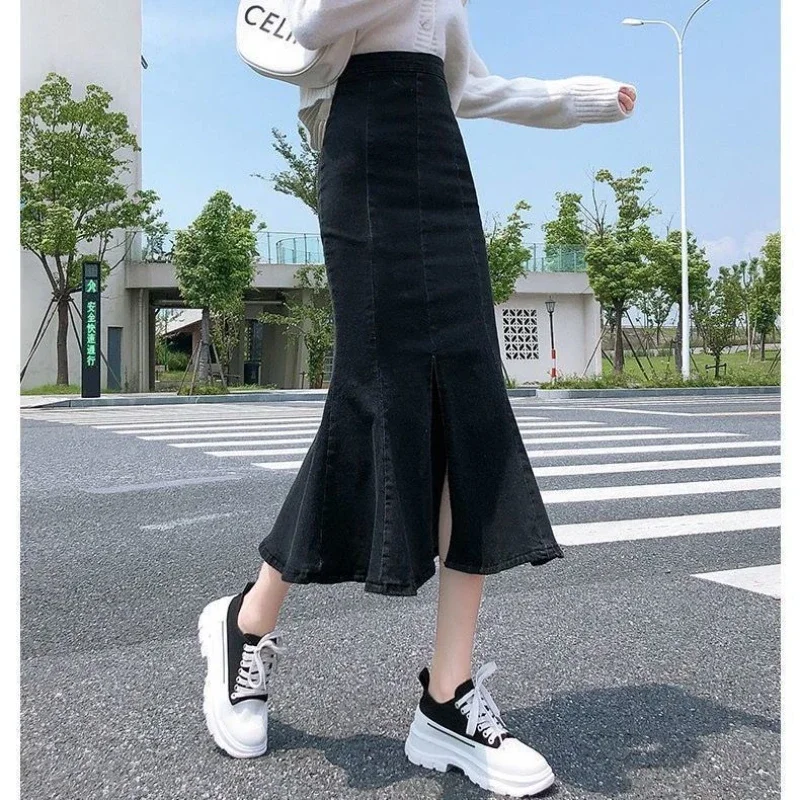 Jupe en denim taille haute à volants pour femmes, nouvelle jupe en queue de poisson commandée, jupes polyvalentes décontractées pour femmes, printemps et automne 2025