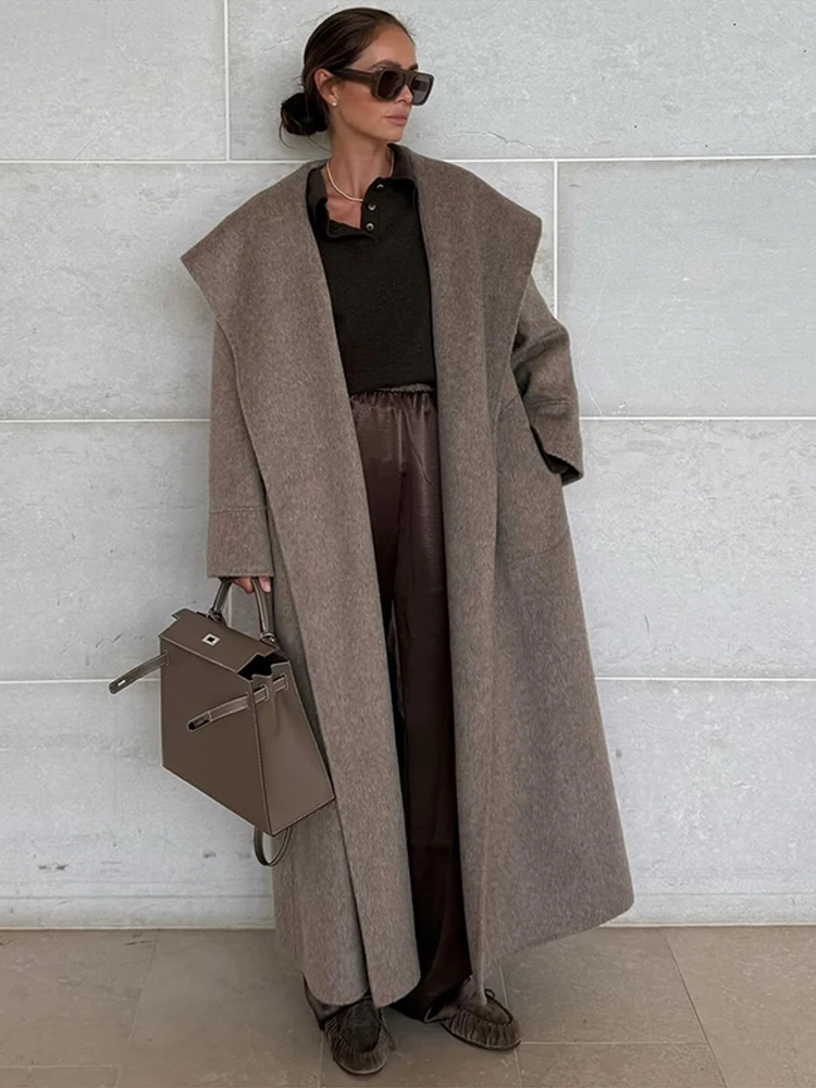 Manteau Long surdimensionné en laine pour femme, élégant, couleur unie, col châle, point ouvert, à lacets, automne-hiver, vêtements d'extérieur décontractés, 2025