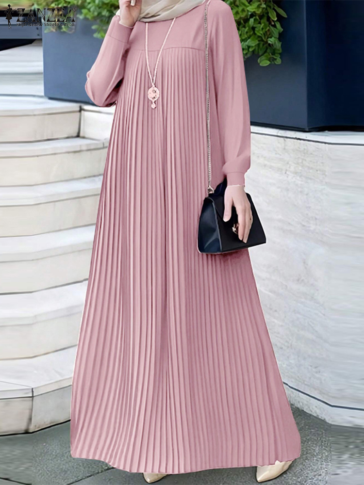 2025 ZANZEA musulman Abaya Hijab Robe femmes élégant à manches longues plissé Robe d'été mode décontracté islamique vêtements dubaï Maxi Robe