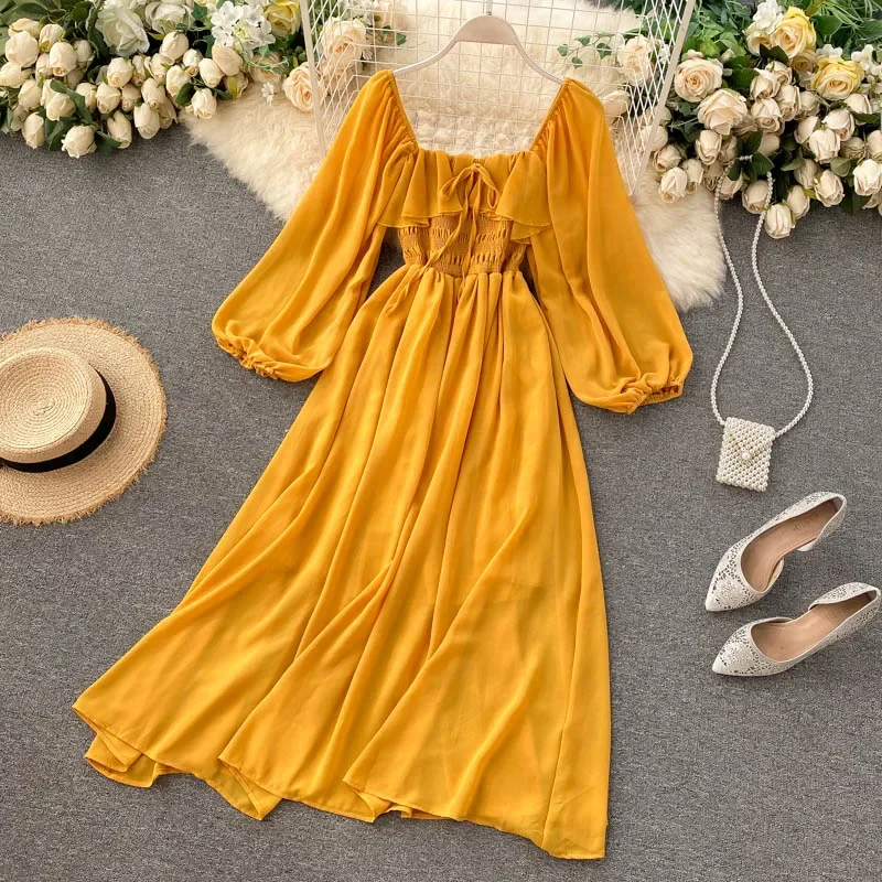 Robe Maxi élégante à col carré pour femmes, en mousseline de soie unie, manches bouffantes, Vintage, Robe de soirée de plage, à volants, Chic, Y2K