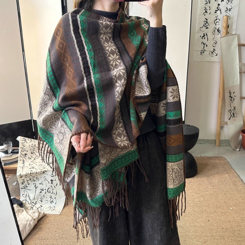 Châle de Luxe de Style Ethnique en Cachemire à Rayures, Cape avec Pompon, Collection Automne et Hiver