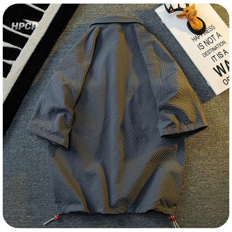 Texture Ice Silk Workwear Suits Men Short sleeve Shirt And Shorts Two-piece Set Summer Cool Quick Drying Loose Outfits Oversize
