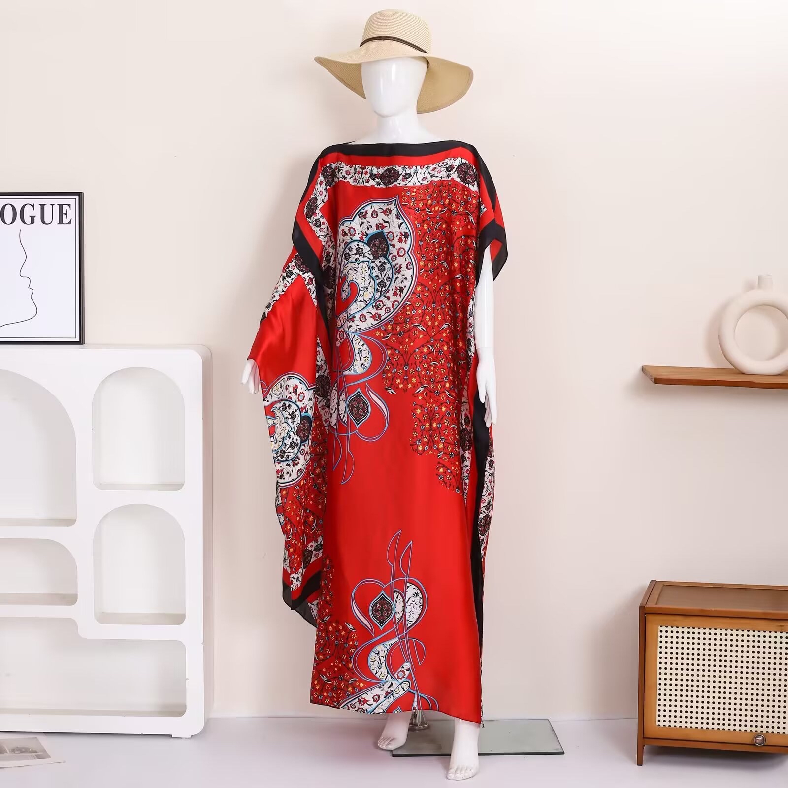Robe longue décontractée en satin multicolore à motif floral persan pour femme, ample, idéale pour les vacances à la plage, avec foulard assorti