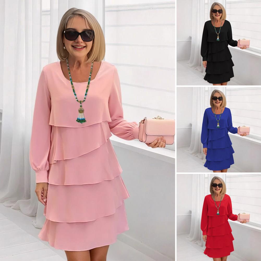 Robe en tissu léger pour femmes, élégante, multicouche, gâteau, couleur unie, col rond, manches longues, pour les vacances