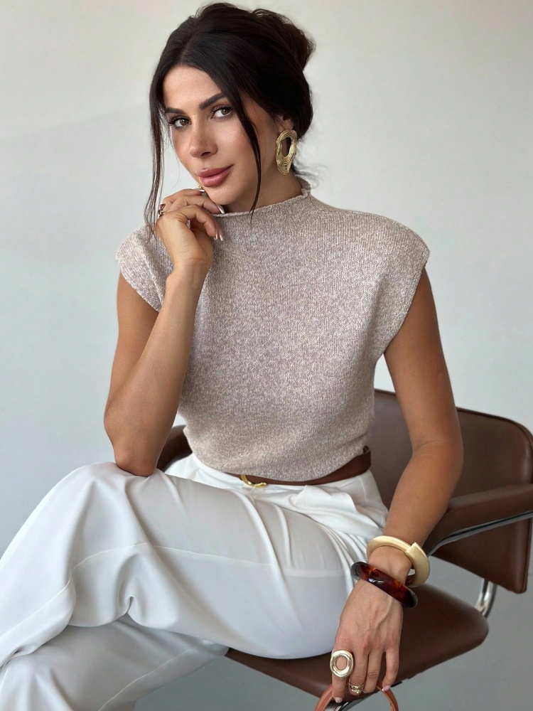 Pull en maille à col montant et manches courtes pour femme – Printemps, été, automne – Élégant, décontracté, coupe ajustée – Idéal pour le bureau, les trajets quotidiens et le streetwear