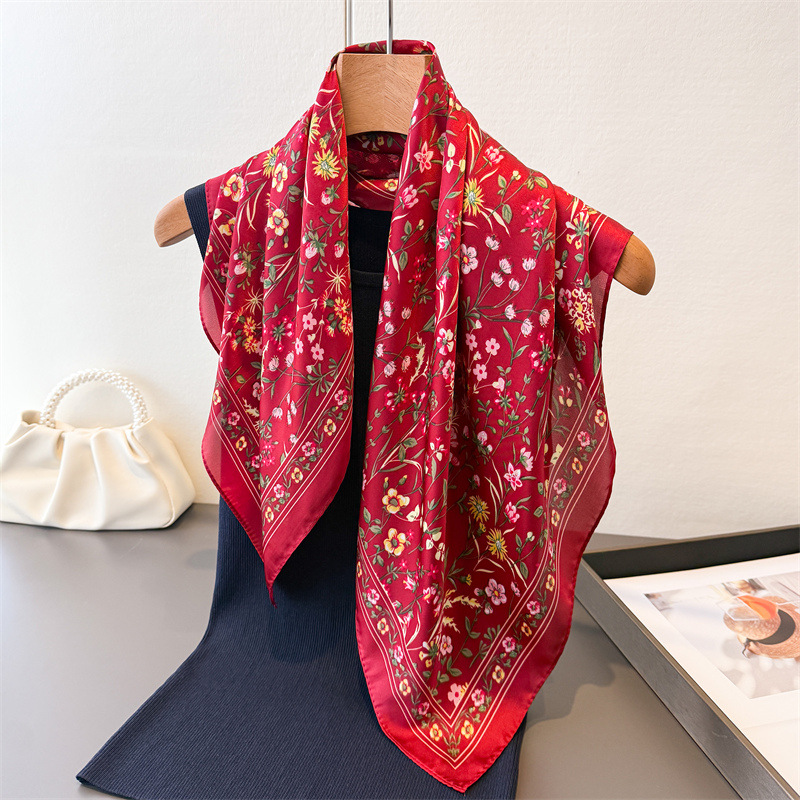 Écharpe carrée à imprimé floral pastoral, imitation soie, protection solaire, cravate haut de gamme, petit foulard carré, foulard pour femme