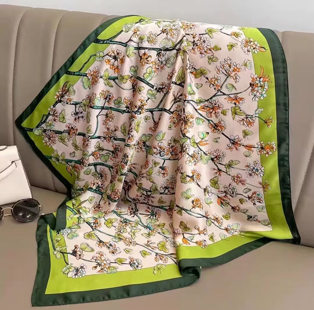 Foulard carré en soie tendance pour femme, bandeau imprimé fleurs, châle en satin, écharpe, bandeau pour cheveux, bandana, hijab pour femme
