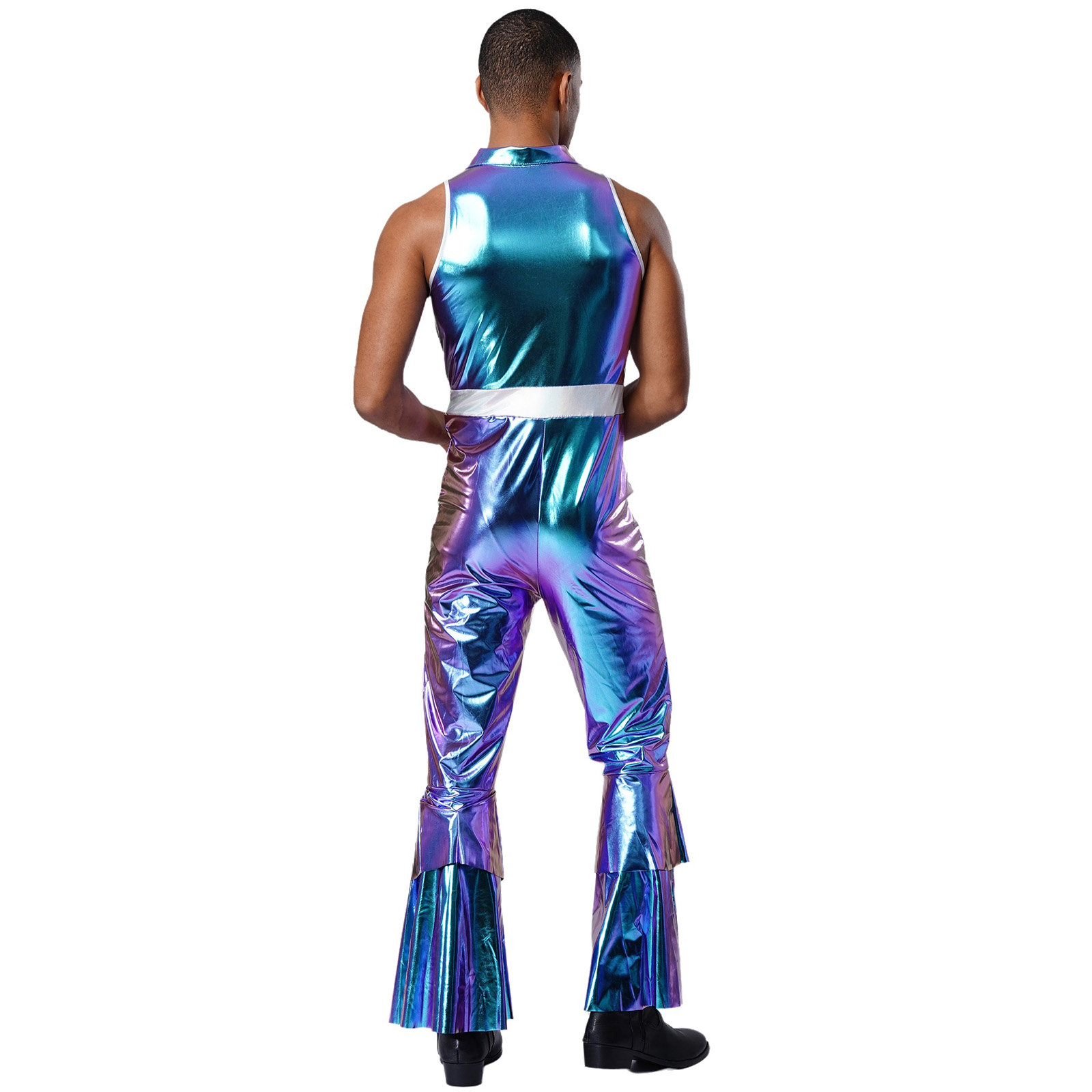 Tenues de danse Disco métalliques brillantes pour hommes, col à revers rétro des années 70, combinaison sans manches à jambes évasées, Costume Hippie pour Halloween