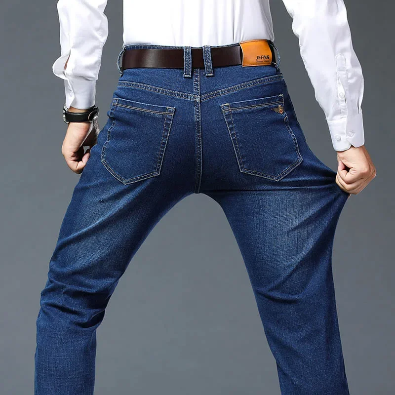 Grande taille 42 44 46 printemps automne hommes mode jean décontracté noir bleu classique affaires droite élasticité marque Denim pantalon