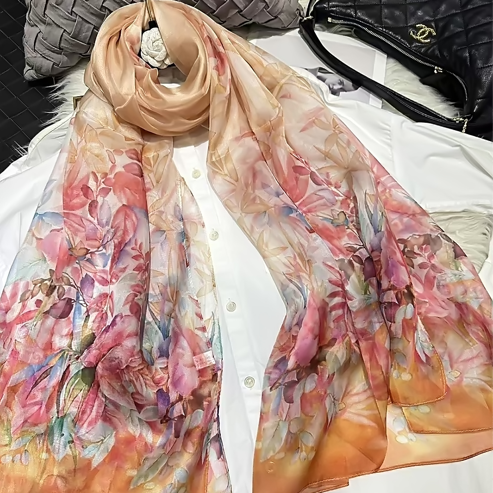 Foulard Long en Mousseline de Soie pour Femme, Rouge, Vert, Mûrier, Nouveau Design Floral de Luxe, Enveloppes d'Été, Couverture de Plage, Rond 100% x 180 cm, 110