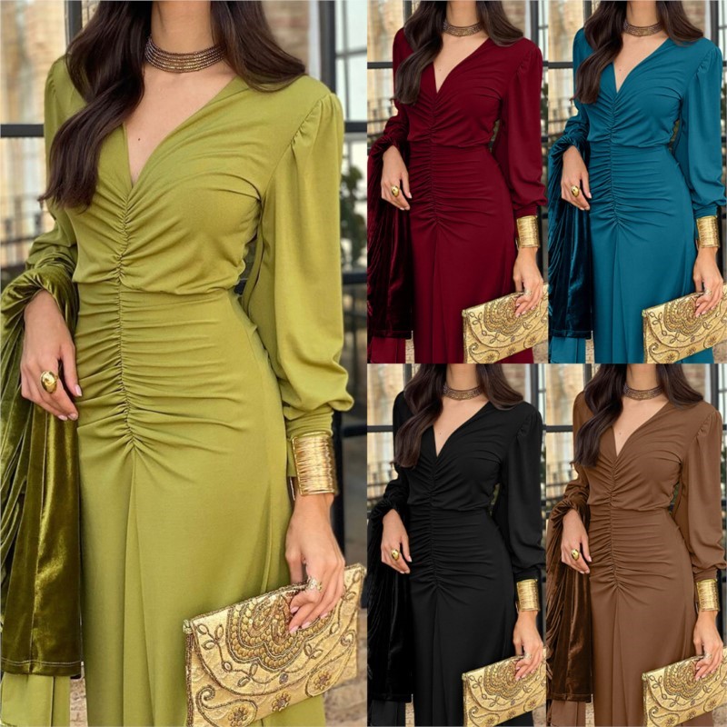 Femmes robe longue élégante moulante enveloppé noeud solide col en v à manches longues soirée Cocktail robes formelles pour les femmes