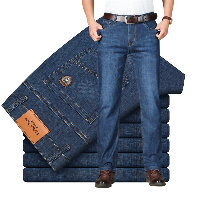 Jean stretch homme d'été, coupe droite décontractée, taille haute, style classique, bleu clair et bleu foncé