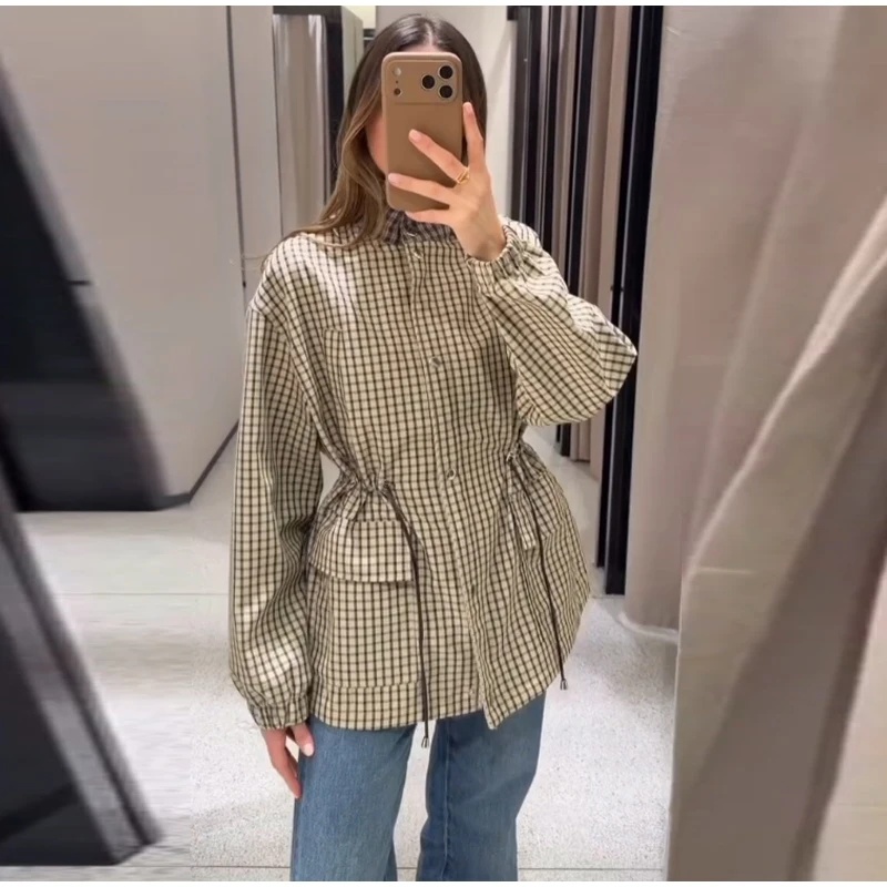 Manteau pour femme 2026, style vintage à carreaux, cintré à la taille, col montant, manches longues, coupe ample, nouveau, décontracté, élégant, pour le streetwear