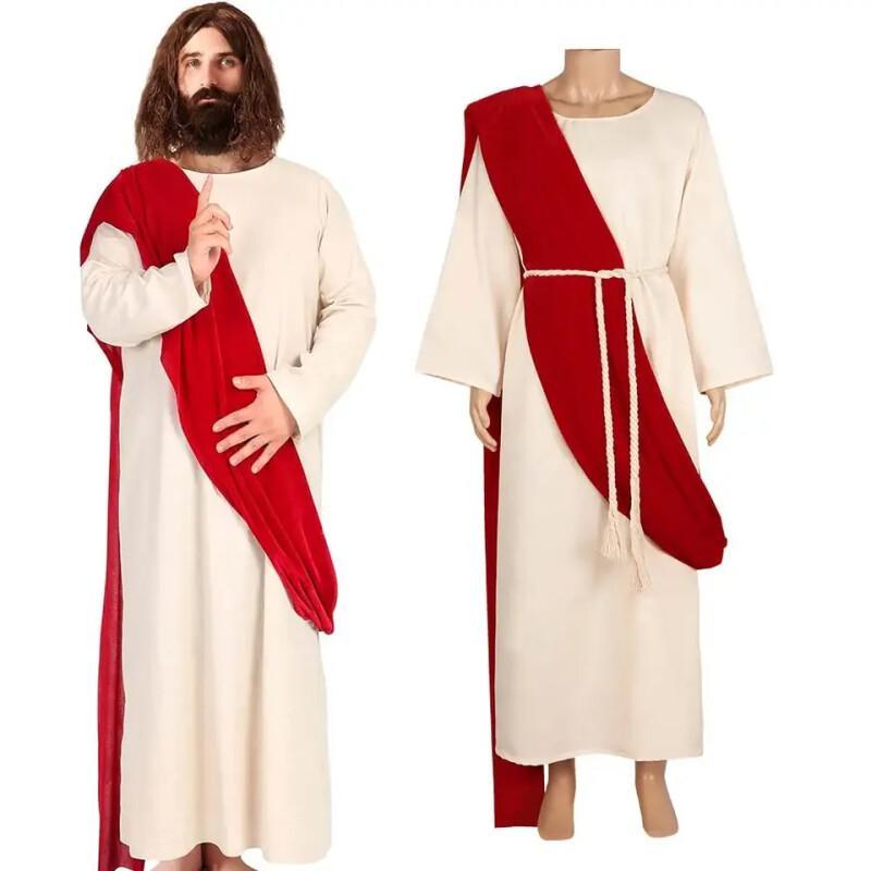 Costume complet de cosplay de Jésus-Christ pour hommes, robe de Jésus avec perruque et barbe pour spectacle de scène d'Halloween, déguisement.
