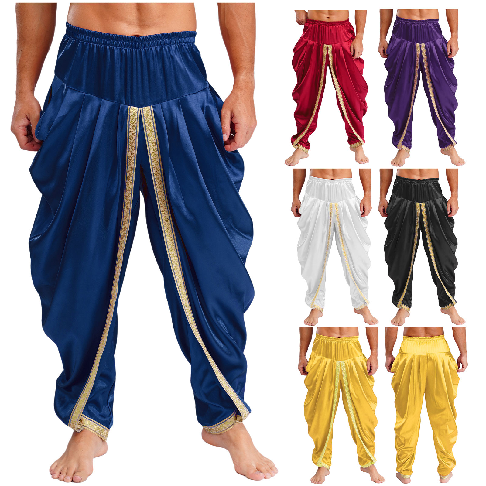 Pantalon Dhoti en Satin pour hommes, décontracté, taille élastique, drapé, Baggy, pour vacances, fête à thème, événements culturels, Occasions festives