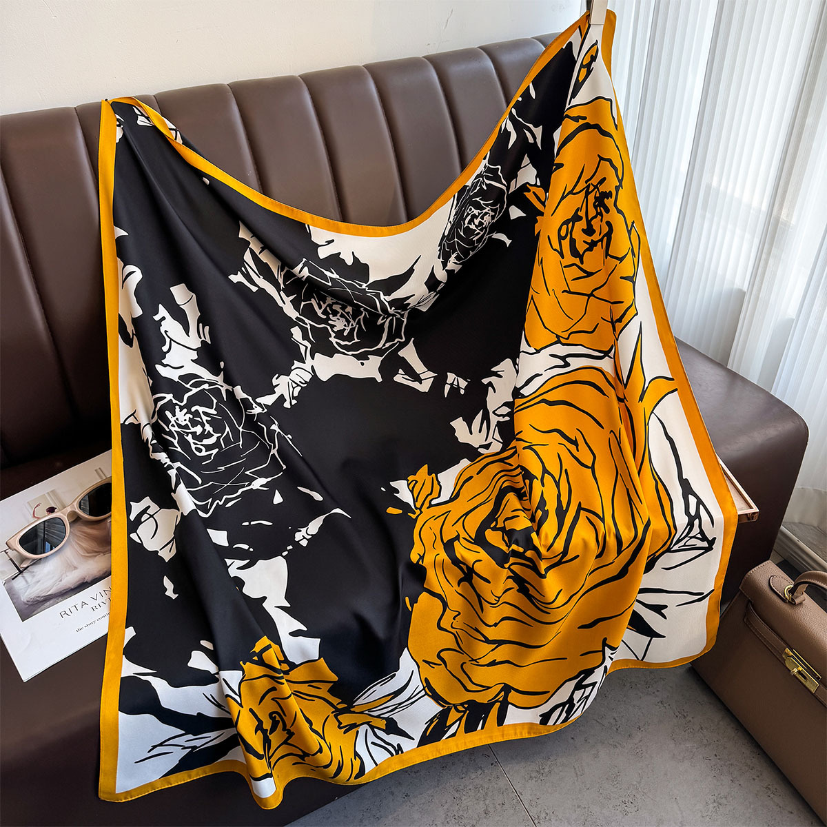 Foulard hijab imprimé roses 90x90cm pour femme, en satin de soie, bandeau, foulard pour cheveux, châle carré, bandana pour femme