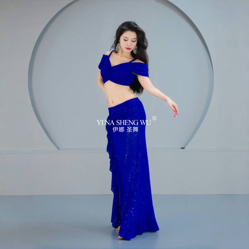 Vêtements d'entraînement élégants de danse du ventre bleu pour femmes, ensemble en maille pour adultes, vêtements d'entraînement de danse orientale
