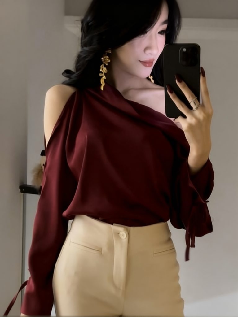 Haut élégant en satin de soie pour femme, à épaules dénudées, manches longues, style t-shirt, sexy, ample, décontracté, basique, chemisier asymétrique à une épaule
