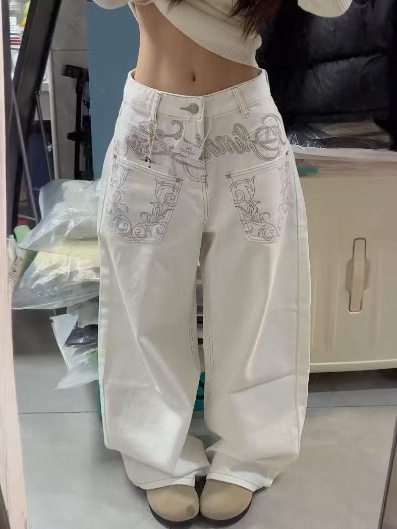 Jean baggy blanc pour femme, brodé, coupe large, style Y2K, Harajuku japonais, années 2000, rétro américain, grunge, tendance High Street, nouveauté
