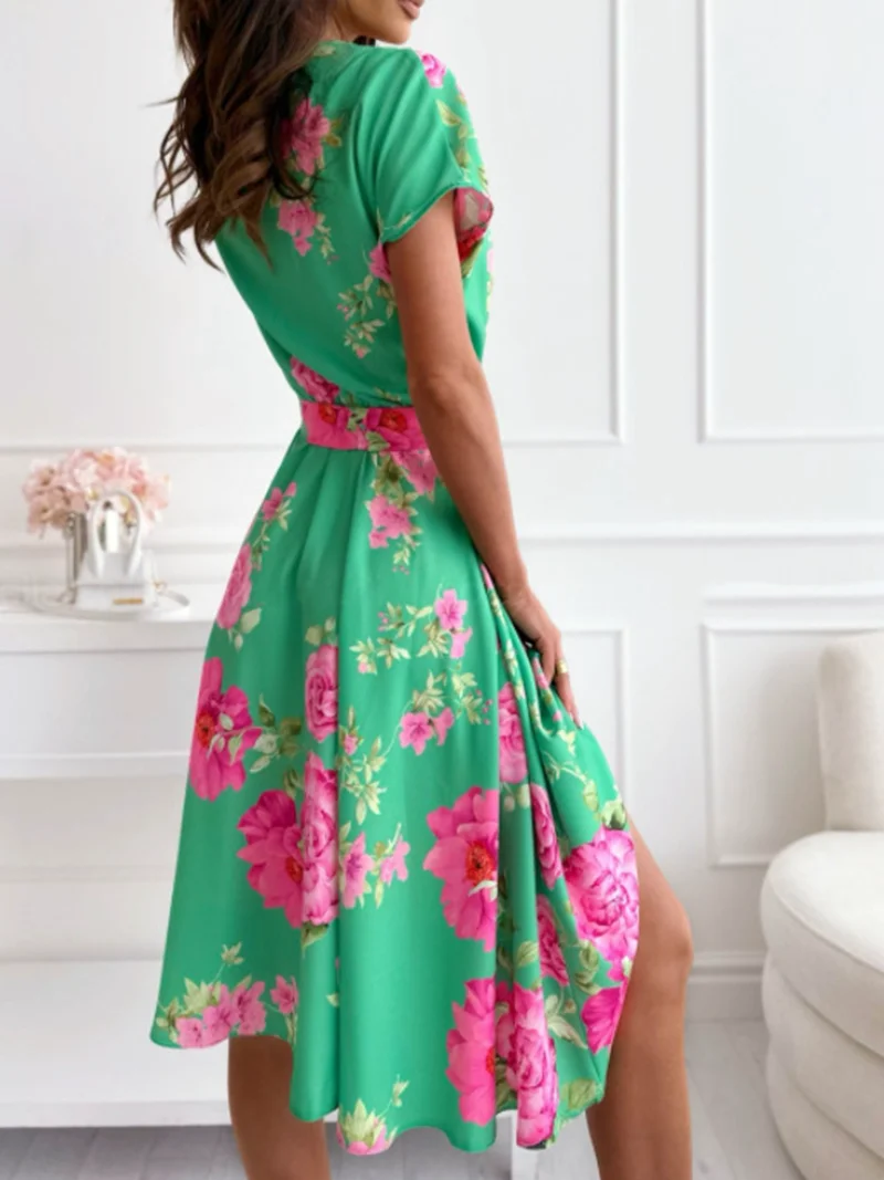 Robe à manches courtes à imprimé floral pour femmes, col en V, ceinture boutonnée, élégante, loisirs, vacances, mode estivale