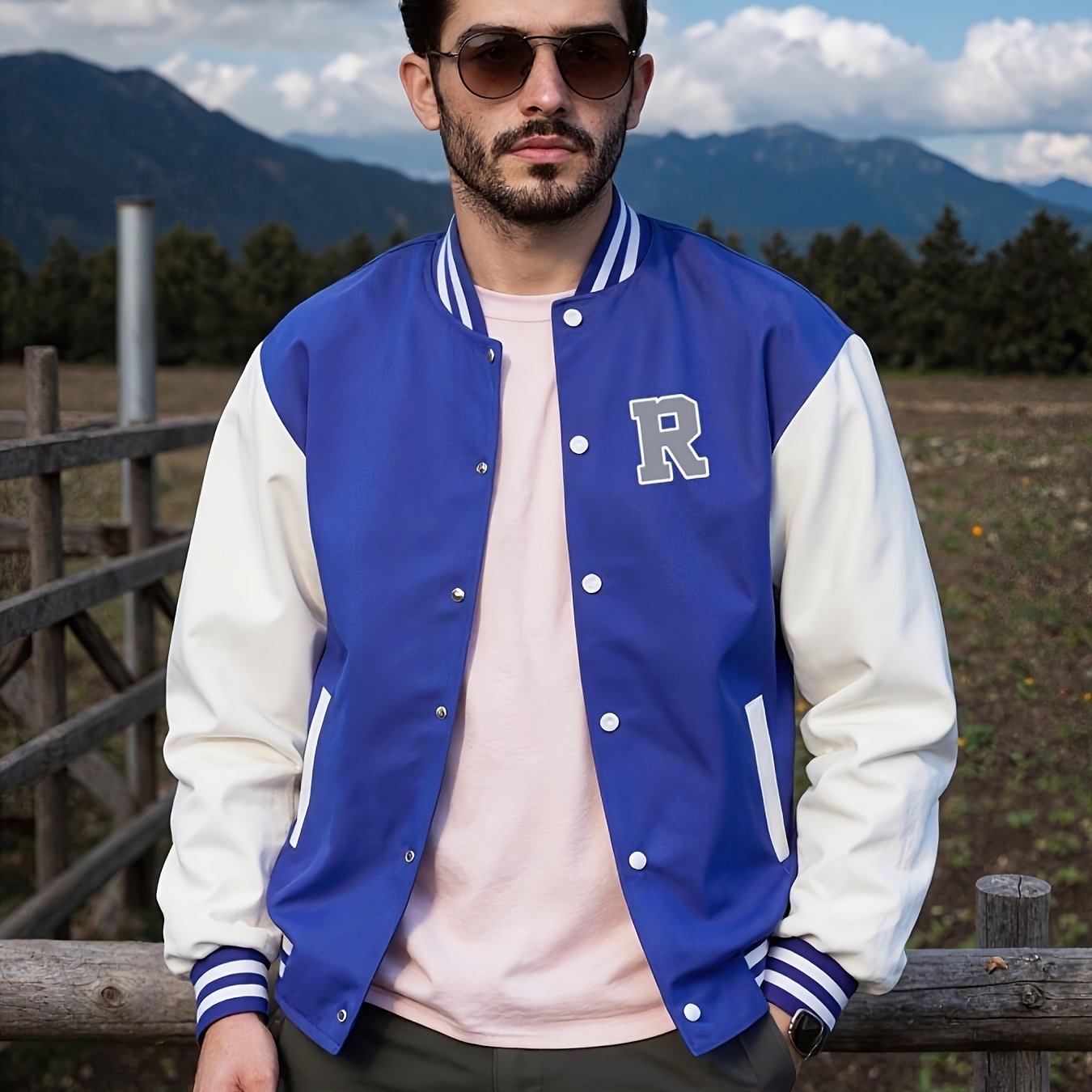 Veste de baseball décontractée pour homme, veste stylée pour homme, design de poche de veste, imprimé motif R tendance