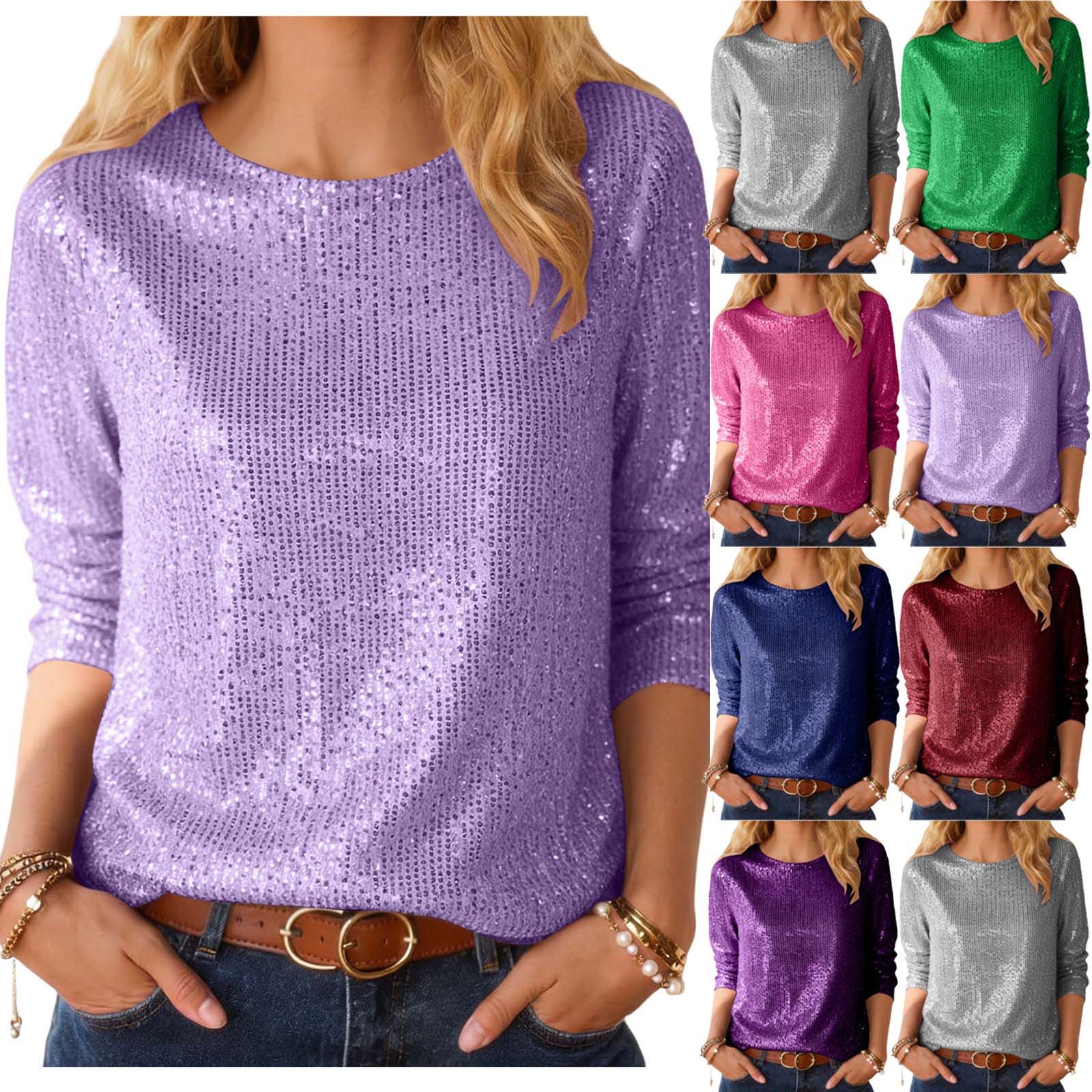 T-shirts à paillettes pour femmes Printemps et été Manches 3/4 Pulls Tops féminins Col rond Brillant Paillettes Tops Carnaval Clubwear
