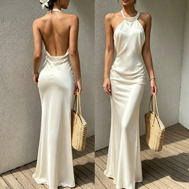 Robe longue sirène élégante en satin pour femme, col halter, drapé froncé à la taille, dos ouvert, coupe ajustée, robe de soirée formelle maxi