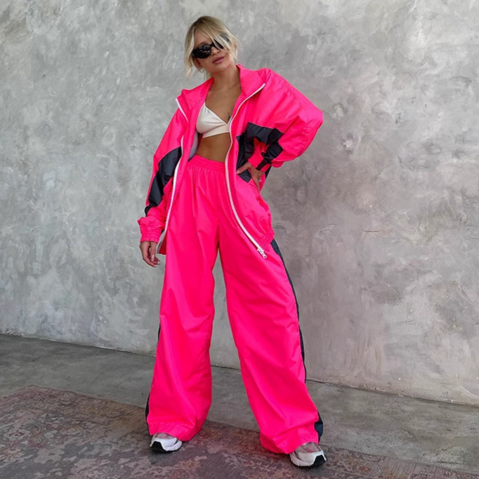 Survêtement femmes costume sportif 2 pièces Ensemble manteau pantalon tenues Patchwork taille élastique Pantalon 2025 automne Ensemble vêtements de sport