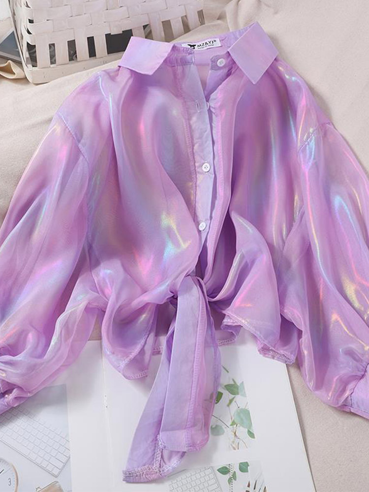 Chemise Boutonnée à Demi Manches pour Femme, Vêtement Sexy à Taille Nouée, Automne 2024
