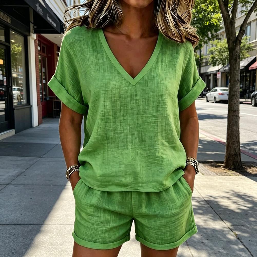 Ensemble T-shirt et Short Femme Col V Manches Courtes Haut et Short 2 Pièces Élégant Été 2026 Tenue Deux Pièces Femme Vêtement Féminin