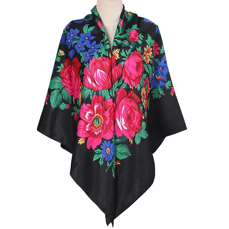 Foulard carré imprimé 140x140cm pour femmes, Style rétro russe, châle à fleurs, mouchoir Babushka, grand Hijab, enveloppe de tête