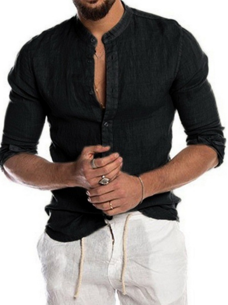 Chemise en lin à manches longues pour homme avec col mandarin et fermeture boutonnée pour un style décontracté estival