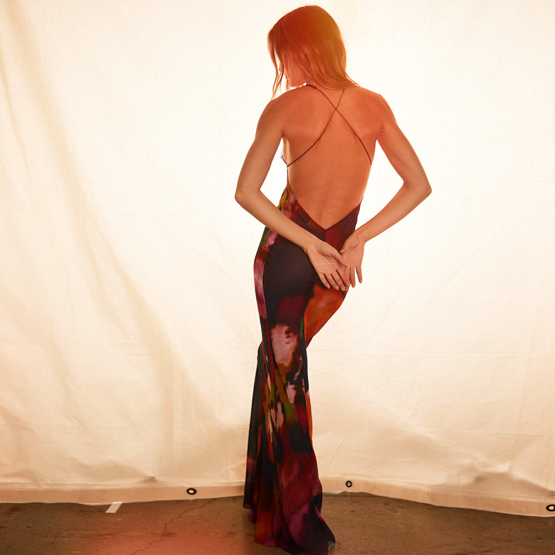 Mode femmes queue de poisson robes élégante robe de soirée Cocktail nouveau Sexy dos nu sans manches longue moulante coupe ajustée robe imprimée