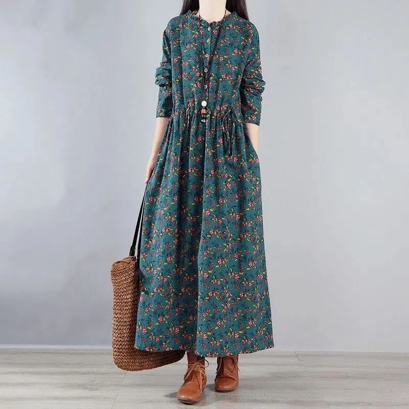 Robe en coton et lin pour femme, nouvelle collection printemps-automne 2026, taille ajustée, élégante, à fleurs, manches longues, vêtements pour femmes