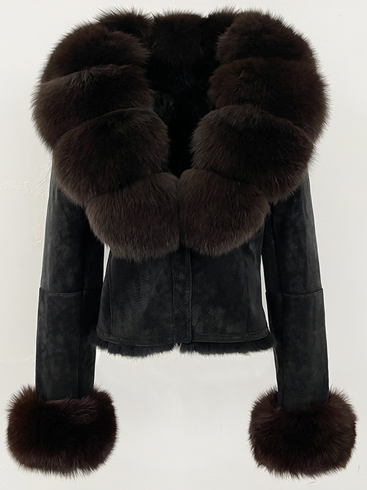 OFTBUY mode courte nouveau automne hiver fourrure vêtements réel lapin fourrure doublure daim veste femmes naturel renard fourrure col manteau femme