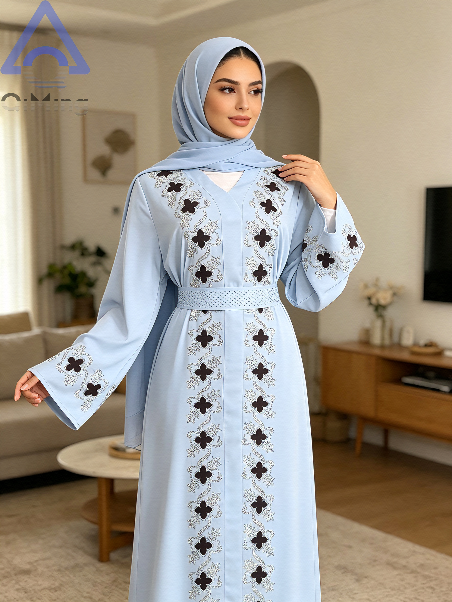 Abaya de luxe en strass de Dubaï, col en V, ceinturée, hijab, robe pour femme musulmane, kaftan de soirée, Eid Ramadan, jalabiya, vêtements islamiques