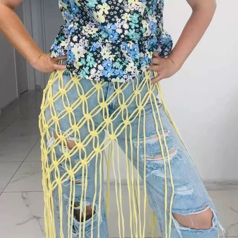 Ceinture tissée à la main en maille avec pompons, style ethnique ancien, polyvalente et ajustable, pour jupes, mode féminine