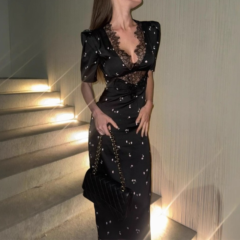Robes décontractées pour femmes, robes imprimées sexy à la mode, streetwear pour femmes, manches courtes, robe slim en dentelle, robe féminine
