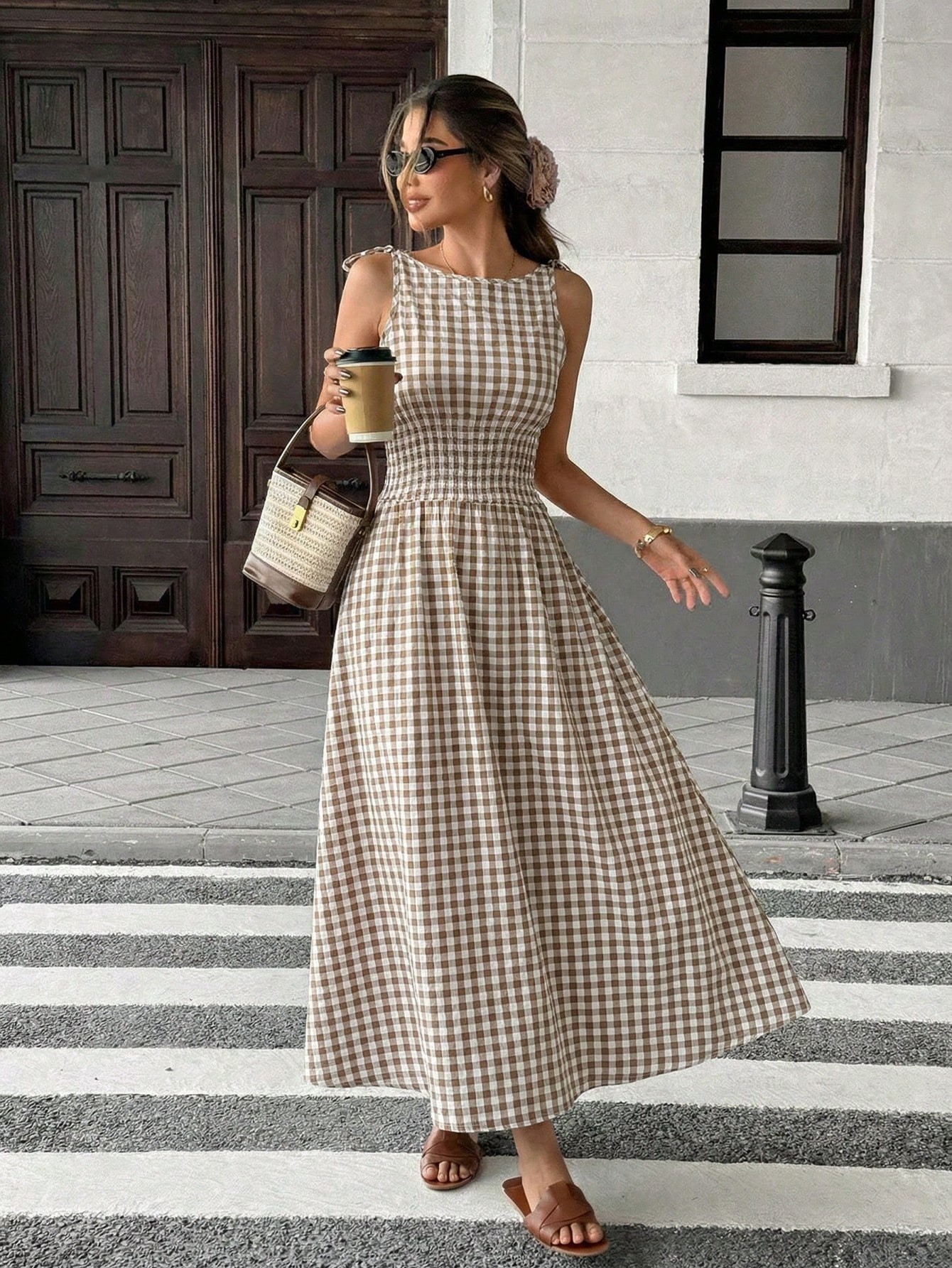 Robe élégante à carreaux pour femmes avec jupe à nœud papillon, robe midi classique à carreaux pour femmes