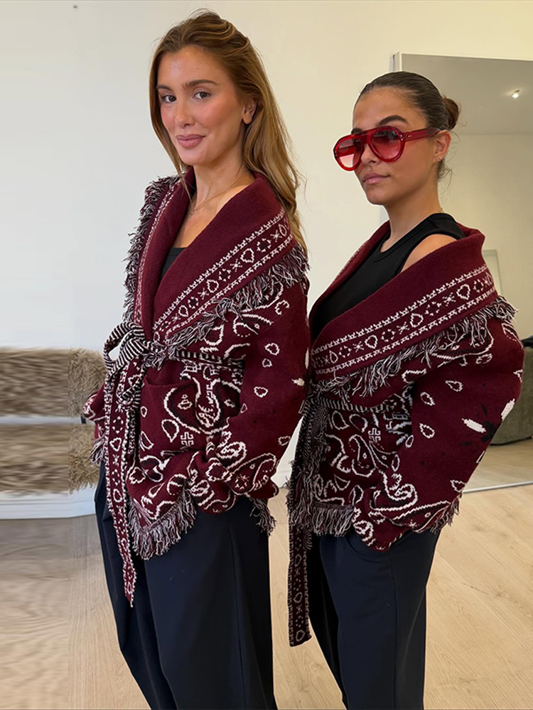 Cardigan en tricot imprimé Boho pour femmes, haut à franges, ceinture, pull à manches longues, manteau à lacets, nouvelle tenue d'extérieur de rue, 2025