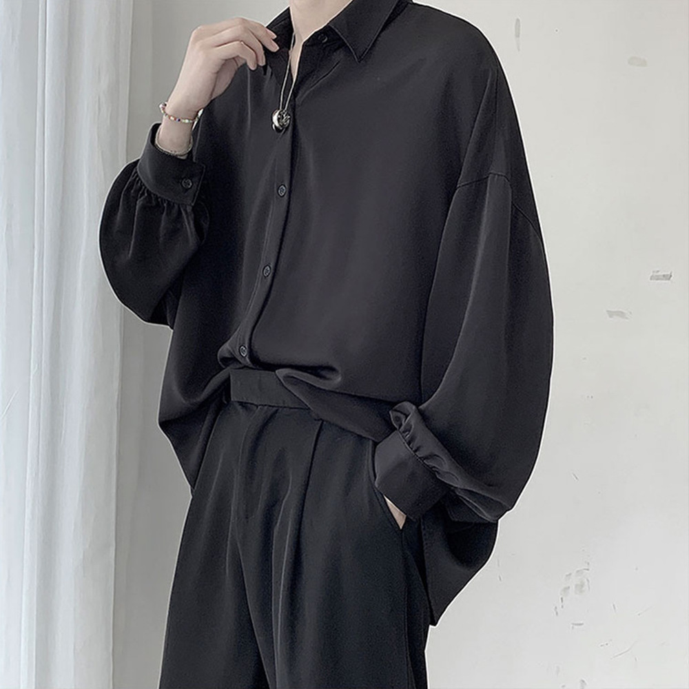 Chemises à manches longues avec cravate noire gratuite pour hommes, chemisiers coréens confortables, décontractés, amples, simple boutonnage, t-shirt Harajuku