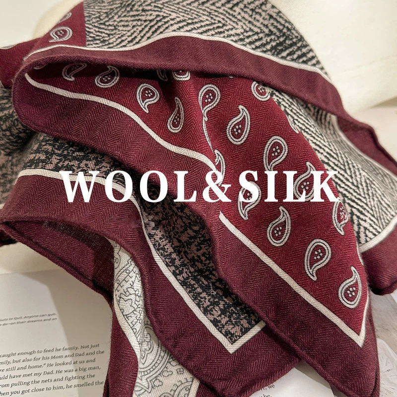 70% laine 30% véritable foulard en soie pour femmes châles enveloppes Vintage ethnique rouge imprimé Paisley carré écharpe femme Hijab Bandana
