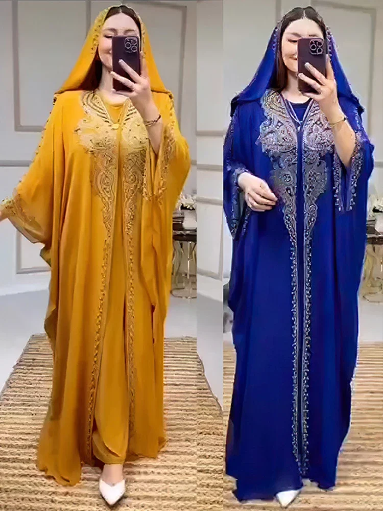 Eid Robe musulmane pour femmes à capuche Abaya 2 pièces ensemble diamant Jalabiya Maroc robes de soirée dubaï Abayas caftan Robe longue Robe