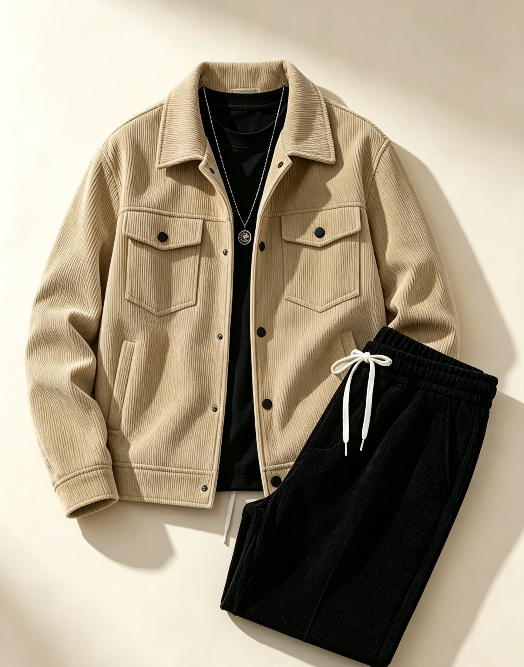 Ensemble veste et pantalon en velours côtelé pour hommes, couleur unie, tenue décontractée à la mode pour le shopping, vêtements de printemps/automne