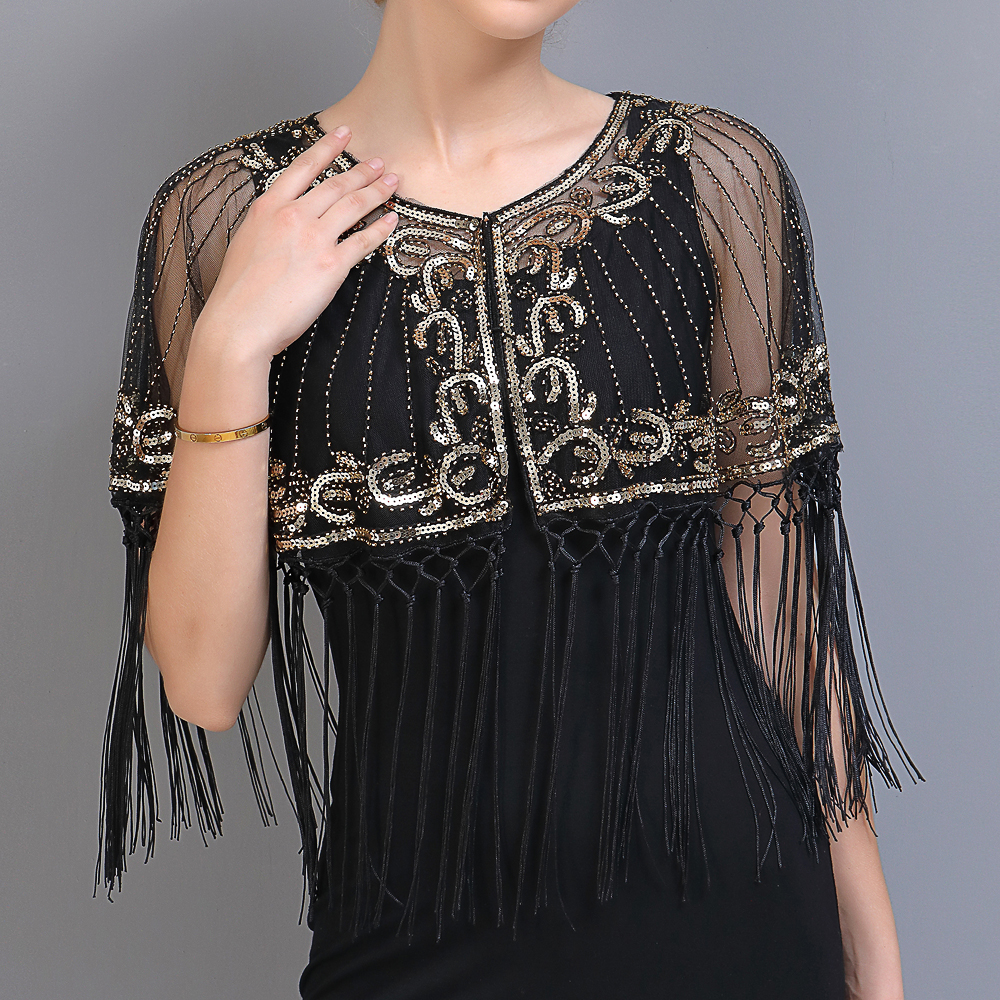 Femmes Vintage années 1920 châle perlé paillettes frange clapet boléro pure broderie florale maille haussement d'épaules Cape fantaisie fête couvrir