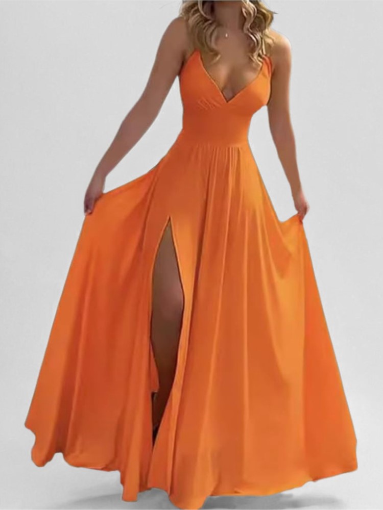Robe longue tendance pour femme, col en V, dos nu, sans manches, à fines bretelles, taille haute, style débardeur, pour fêtes, rendez-vous et shopping